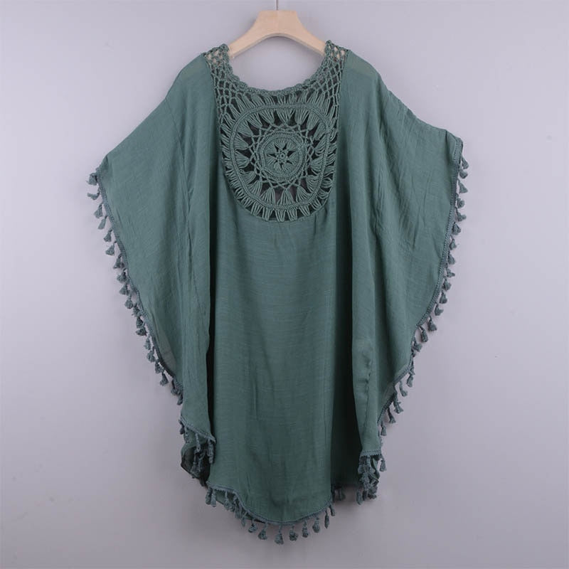 Tunika Plażowa z Ażurowym Dekoltem Boho