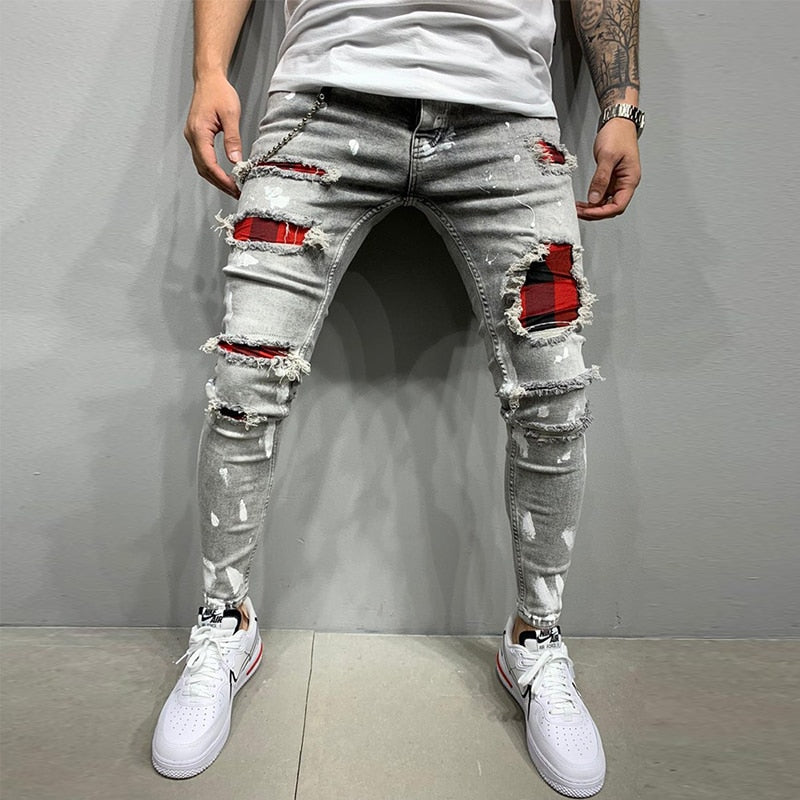 Męskie jeansy slim fit z przetarciami, dziurami i kolorowymi wstawkami