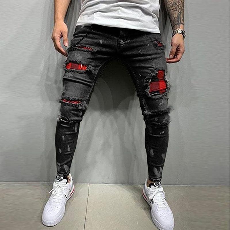 Męskie jeansy slim fit z przetarciami, dziurami i kolorowymi wstawkami