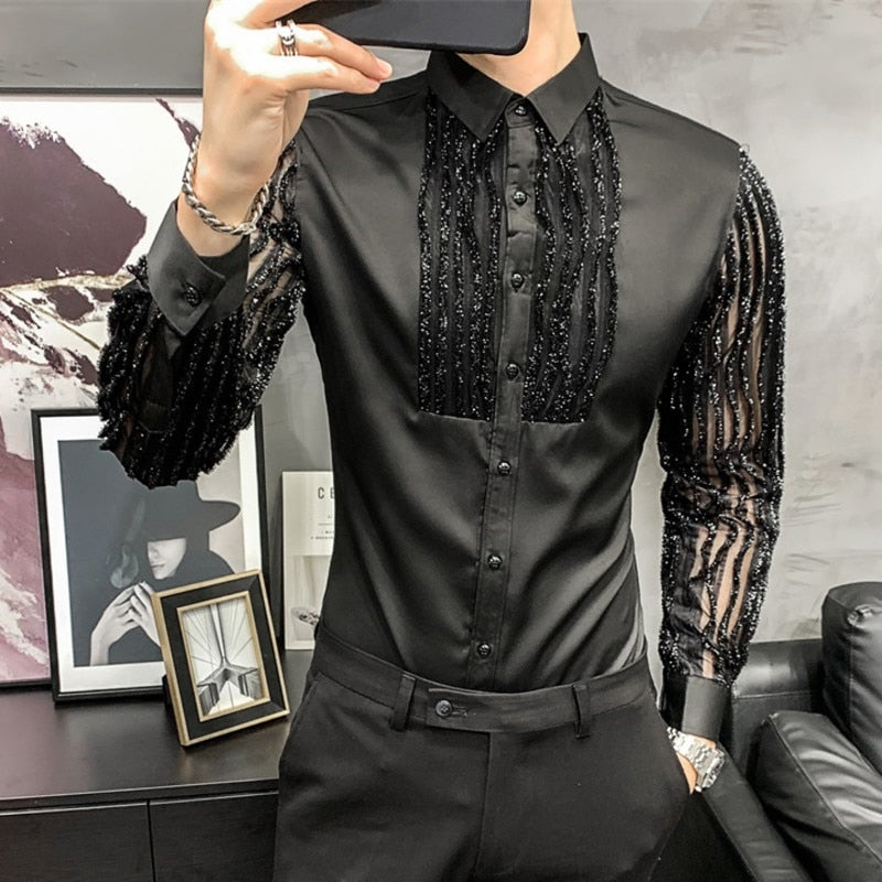 Męska Koszula z Ozdobnymi Rękawami i Eleganckim Kołnierzykiem