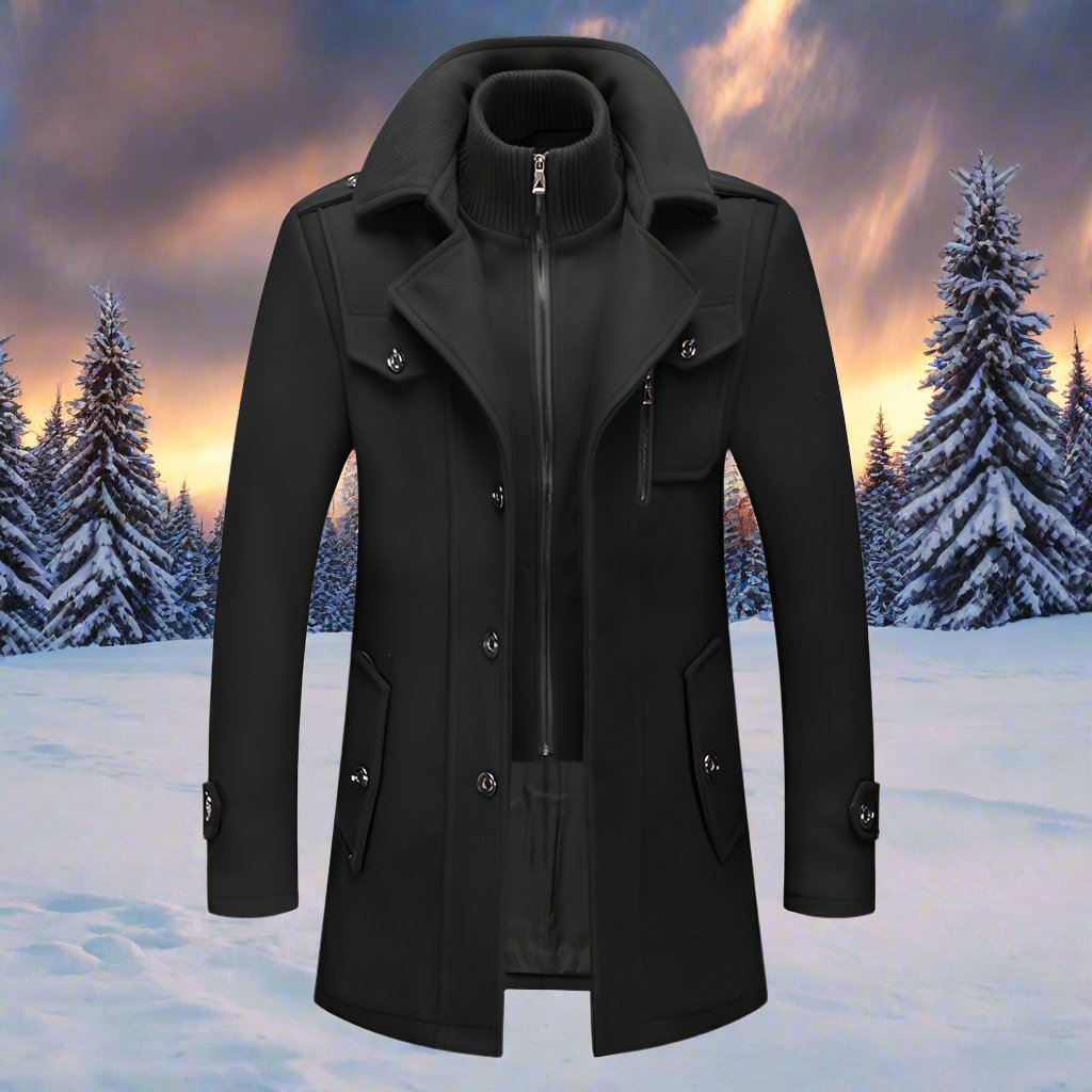 Męski wełniany płaszcz zimowy z wysokim kołnierzem i dodatkowym ociepleniem
