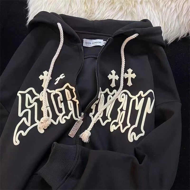 Damska Bluza z Kapturem na Zamek z Nadrukiem "Street Gothic"