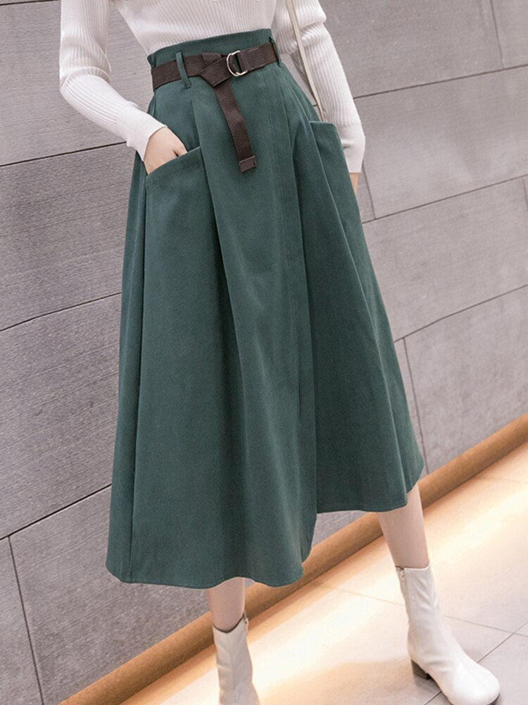 Klasyczna Spódnica Midi z Paskiem