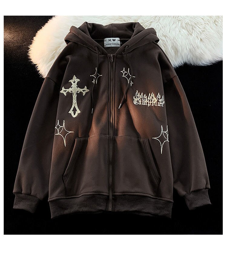 Bluza z Kapturem na Zamek z Haftem w Krzyże "Gothic Style"