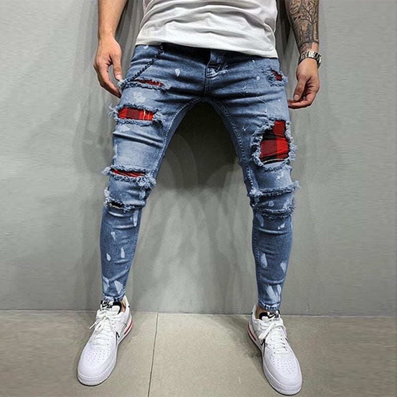 Męskie jeansy slim fit z przetarciami, dziurami i kolorowymi wstawkami