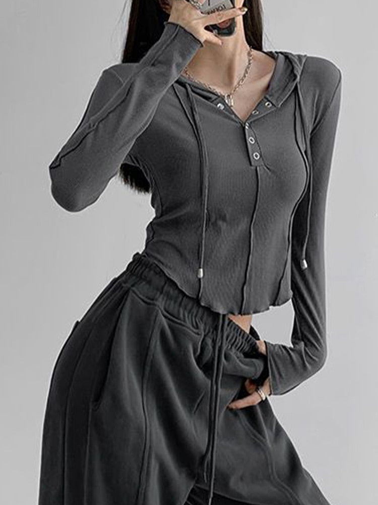Damska Bluza Crop z Kapturem i Guzikami