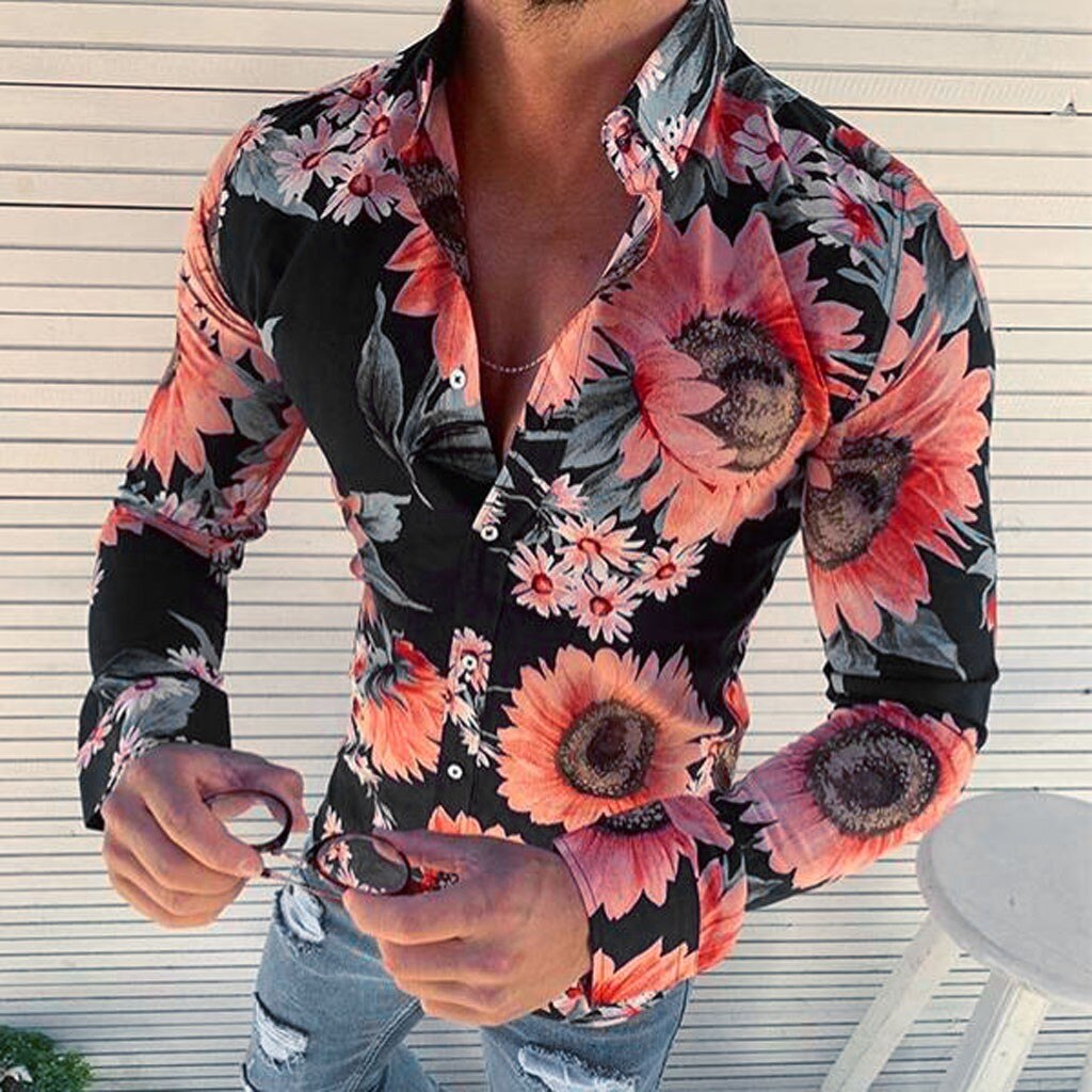 Męska Koszula Hawajska z Długim Rękawem i Wzorem Kwiatowym