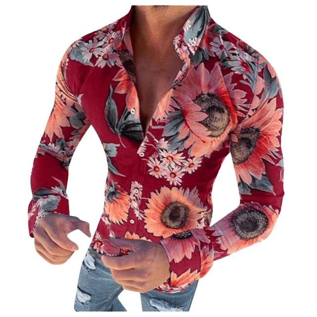 Męska Koszula Hawajska z Długim Rękawem i Wzorem Kwiatowym